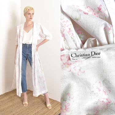Vintage 1980s Robe / 80s Christian Dior Floral Cotton Duster Robe / White Pink ( S M L ) 