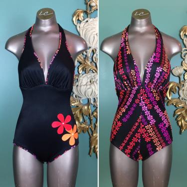 1960s swimsuit, reversible, vintage bathing suit, one piece, 60s swimwear, halter top, size small, mod swimsuit, appliqué, black floral, 25 