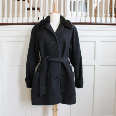 Vintage Gray Wool Faux Fur Collar Belted Coat Women's Size S M 