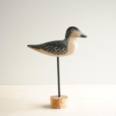 Vintage Wood Bird Figurine, Black and White Wooden Duck Bird Statue, Painted Wooden Bird Figurine 