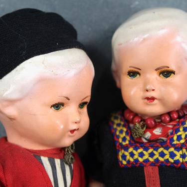 Charming Vintage Dutch Celluloid and Wood Dolls - Boy and Girl Dutch Dolls - Imperfect Boy Missing Right Leg - Klompen | FREE SHIPPING 