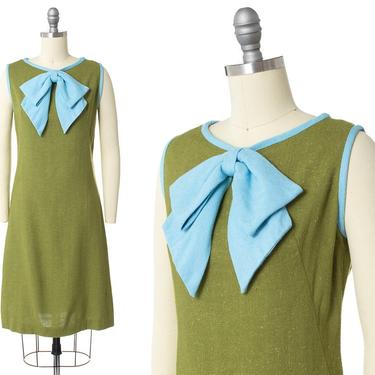 Vintage 1960s Dress | 60s Mod Two Tone Linen Big Bow Color Block Shift Sundress (small) 