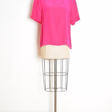 vintage 80s blouse magenta hot pink silk simple shirt top short sleeve L clothing 