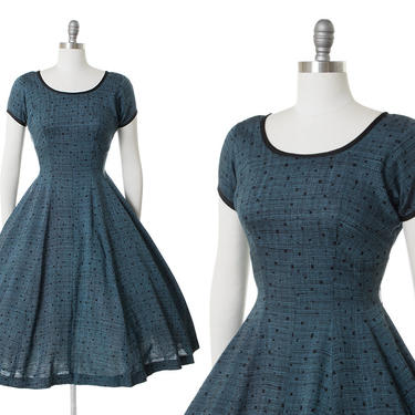 Vintage 1950s Dress | 50s Square Polka Dot Blue Cotton Rayon Full Skirt Day Dress (medium) 