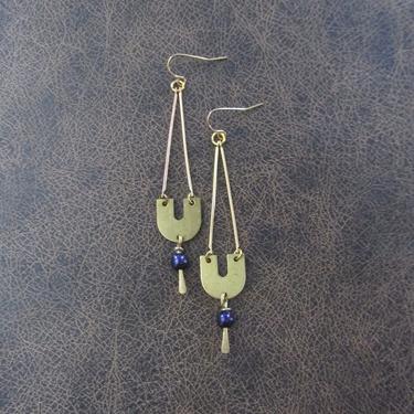 Long brass earrings, mid century modern earrings, minimalist earrings, simple unique artisan earrings, purple pearl gypsy earrings 