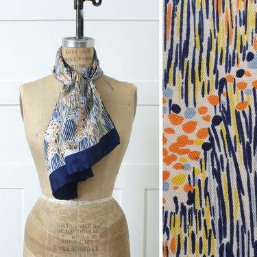 vintage 1970s Italian silk scarf • navy blue orange &amp; white abstract print long silk scarf 