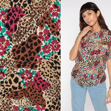 Leopard Print Floral Shirt 90s Button Up Blouse Animal Print Top 1990s Hippie Vintage Short Sleeve Summer Blouse Retro Patchwork Medium 