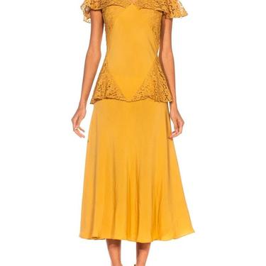 1930S Golden Yellow Bias Cut Rayon  Silk Faille Lace Peplum Dress 