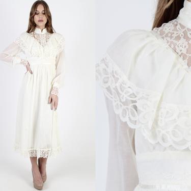 Vintage 70s Ivory Prairie Dress Sheer Floral Lace Dress 1970s Victorian Wedding Dress Country Festival Midi Knee Length Dress 