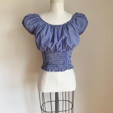 Vintage 1990s Blue and White Micro Gingham Peasant Top / S-M 