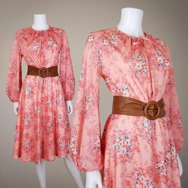 Vintage Bishop Sleeve Dress, Medium / Semi Sheer Sunset Peach Dress / Twirly Boho Chic Midi Dress / 70s Asian Inspired Floral Summer Dress 