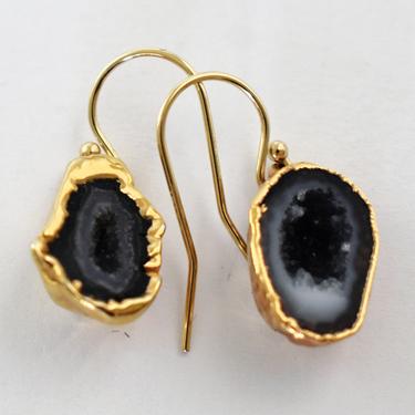 70's gold dipped agate geode dangles on 14k GF ear wires, funky asymmetrical agate druzy in gold hippie bling earrings 