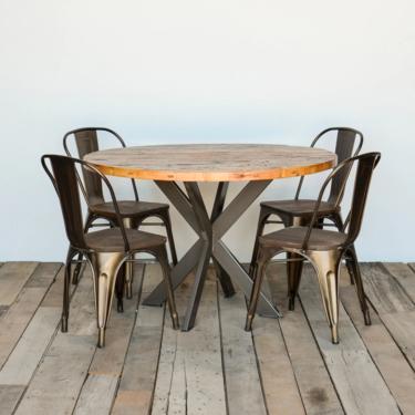 Round Top Rustic Modern Kitchen Table, Pedestal Table in reclaimed wood and steel legs in your choice of color, size and finish 