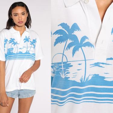 Mazatlan Polo Shirt 80s Mexico Shirt Button Up Shirt Tropical Shirt Surfer Palm Tree Shirt 1980s Boho Top Beach Blue Extra Large xl 2xl xxl 