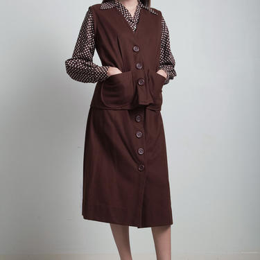 vintage 70s preppy vest skirt suit polka dot blouse chocolate brown white long sleeves top LARGE L 