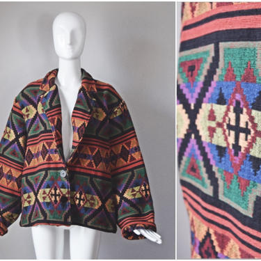 vtg 90s New Identity 3X colorful rainbow knit tapestry coat | 1990s unisex blanket X pattern oversize jacket | size 3x womens outerwear 