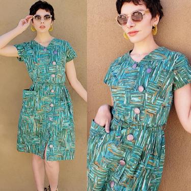 1950s Green Blue Abstract Print Summer Dress Asymmetrical Buttons Pocket Belt / MCM Modern Aqua Pattern Cotton Dress Short Sleeve Marlene 