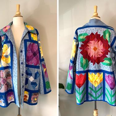 Vintage 1980s Handmade Quilted Jacket Spring Tulip Pansy Patchwork Floral | Size Large 