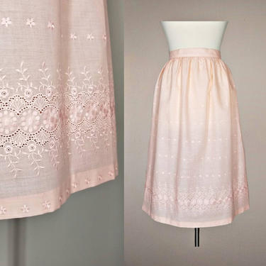 Vintage Peach Eyelet Day Skirt, Small / 80s Embroidered Midi Skirt / Gathered Waist A Line Skirt / Vintage Prairie Skirt / 80s Summer Skirt 