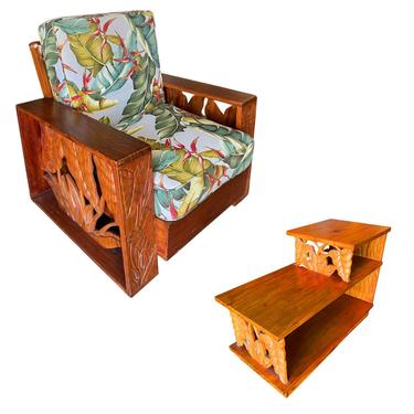 Midcentury Hand Carved Koa Wood Lounge Chair & Side Table Livingroom Set 