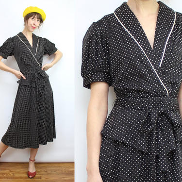 Vintage 70's Black and White Polka Dot Dress / 1970's Poly Jersey Dress / Puff Sleeve / Women's Size Medium - Large by Ru
