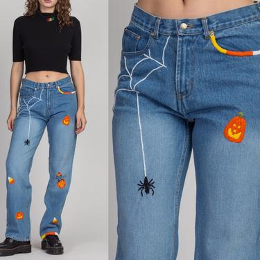Vintage Halloween Spider Web &amp; Pumpkin Embroidered Jeans - Medium | Y2K Straight Leg High Waisted Denim Novelty Dad Jeans 