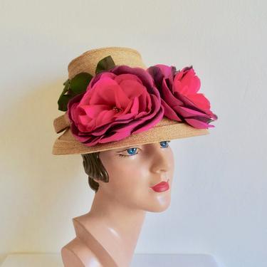 Vintage 1960's Straw Bucket Sun Hat with Large Silk Magenta Roses Spring Summer Garden Party Bridal Wedding 60's Millinery Emme New York 
