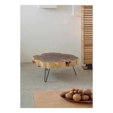 live edge coffee table - nimbus cloud table - natural edge urban salvage sequoia with midcentury modern hairpin legs - mod - urban wood 