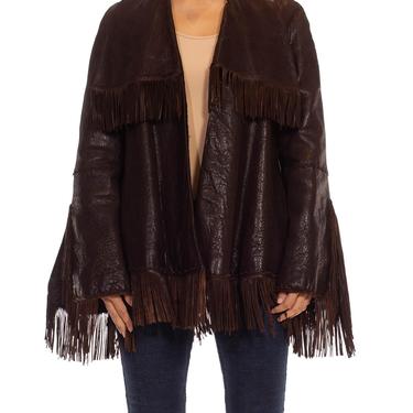 1990S Jean Paul Gaultier Femme Dark Chocolate Brown Leather Fringe  Wool Plaid Lined Jacket 