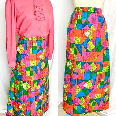 Mod Maxi Skirt, Quilted, Groovy Pattern, Geometric, Hippie, Boho, High Waist, Vintage 70s 