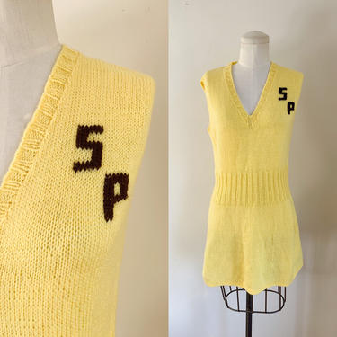 Vintage 1970s Hand Knit Yellow Sweater Vest / Tunic with initial S.P. // size M 