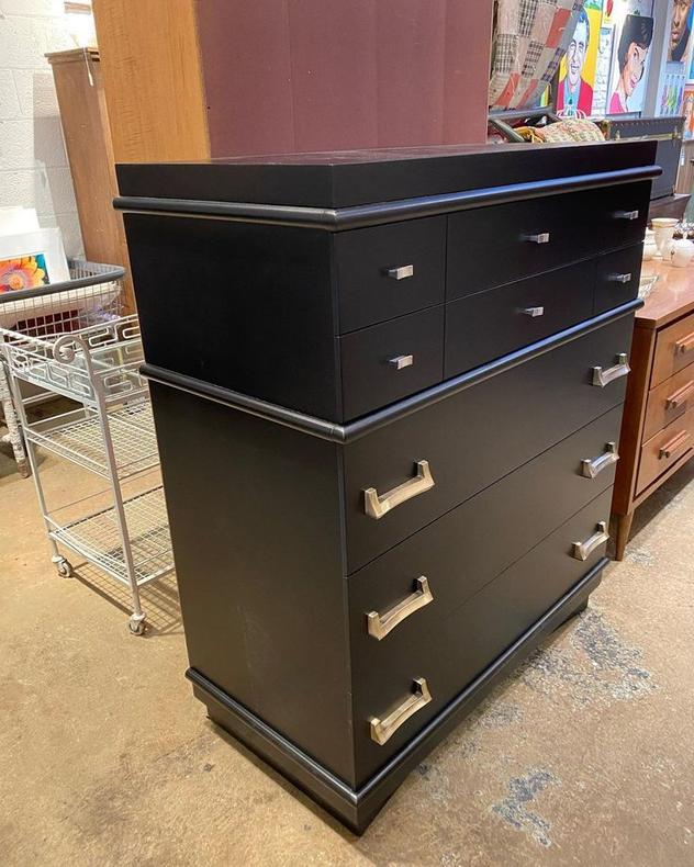 Black midcentury modern chest of drawers, 38” x 19” x 45” 