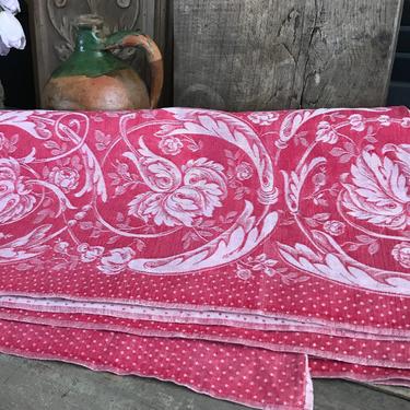 1900s Red Tablecloth, Cotton, Picnic, ReversiFloral Design, Antique Textiles 