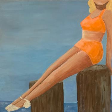Pinup art, classic retro beach goer, “Veronica” 24x 24 comes in white floater frame, hand painted, original artwork 