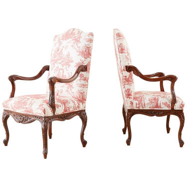 Pair of French Provincial Style Walnut Toile Fauteuil Armchairs by ErinLaneEstate