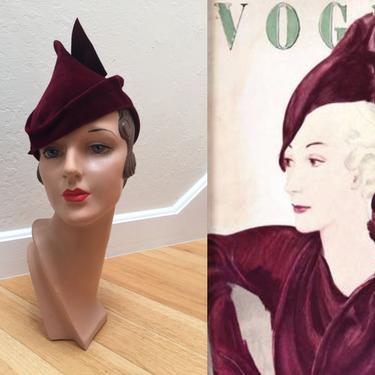 Peaked &amp; Pointed Views - Vintage 1930s Brucewood Rothschild Oxblood Red Fur Felt Sculpted Peaked Hat - Rare 