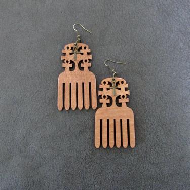 Afro comb earrings, hair pick earrings wooden earrings, Afrocentric earrings, African earrings, bold statement earrings, ankh brown bronze 