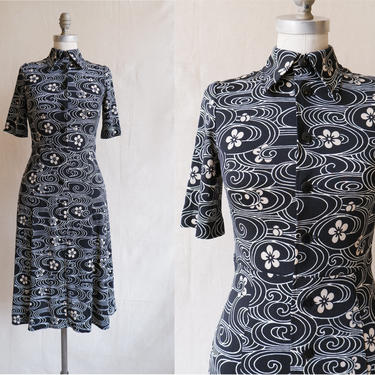 Vintage 70s Hanae Mori Floral Shirt Dress/ 1970s Short Sleeve Black White VIVID Dress/ Size Small 