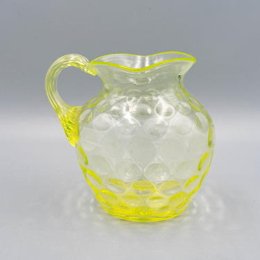 Vaseline Glass Thumbprint Water Pitcher | Antique Polka Dot Uranium Glass Milk Jug 