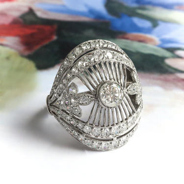 Art Deco Diamond Openwork Cocktail Statement Ring Platinum 