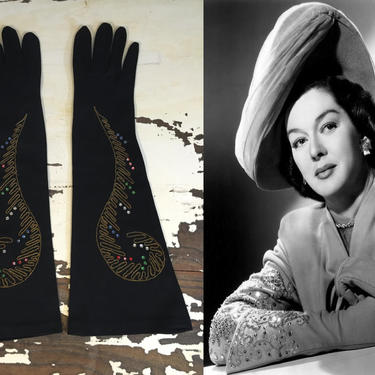 I Always Bring My Bling - Vintage WW2 1940s Black Cotton Long Gloves w/Lucite Rhinestone Details - 6.5 