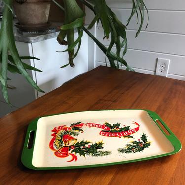 Vintage 1960s painted Christmas holiday serving tray holiday bells Season's Greetings 