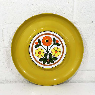 True Vintage Cheese Cracker Plate Serving 1970s 1960s Retro Orange Yellow Flower Power White Flowers Cutting Board Tile Party MCM 