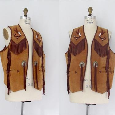 ECHO MOUNTAIN by Arturo Vintage 90s Mens Western Vest | 1990s Brown Suede w/ Beading Leather Fringe, Whipstitching &amp; Conchos | Size 44 Large 