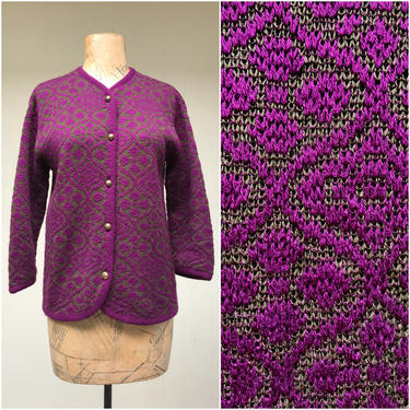 Vintage 1970s Wool Cardigan, Jack Winter Violet/Olive Nordic Style Sweater, Bracelet Length Sleeves, Medium 36&amp;quot; Bust 