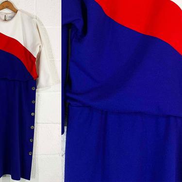Vintage Leslie Fay Shift Dress Mod Colorblock Color Block Purple Blue Red White 1970s 70s 1960s 60s USA Union Made Small Medium 