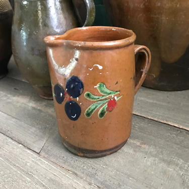 Antique Floral Pottery Jug, Small Planter, Handpainted Glazed Pottery, Rustic Farmhouse, Farm Table 