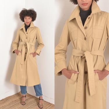 Vintage 1970s Jacket / 70s Classic Belted Trench Coat / Tan Khaki ( S M ) 