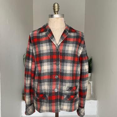 1950s Red Plaid Wool Casual Jacket Fall Rockabilly 40&amp;quot; Bust Vintage 
