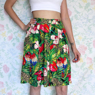 Vintage 80s Shorts, Tropical Jungle Parrot Print Bermudas by Carol Anderson Collection, Size Large 